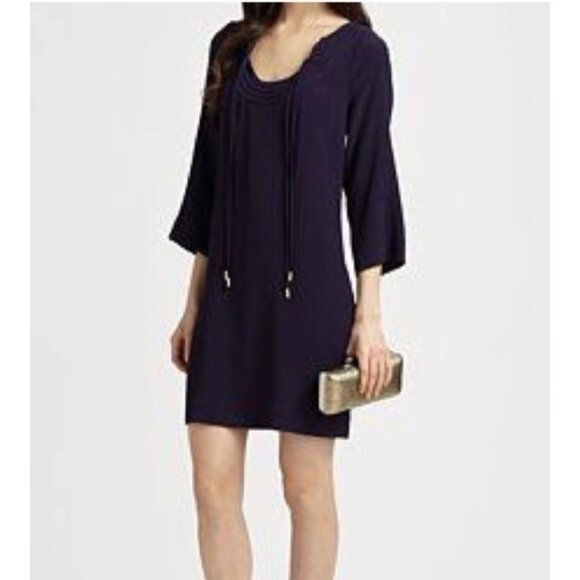 DVF Diane Von Furstenberg Dress Blue 4 Small Shift Long Sleeve Relaxed Tie Neck - Picture 1 of 10